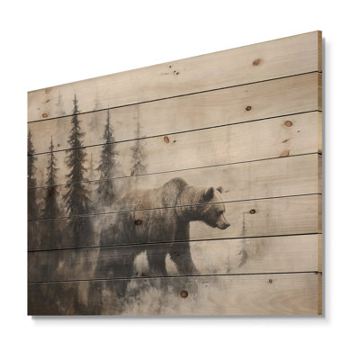 Bear In The Fog Forest Landscape II - Bear Wood Wall Decor - On Natural Pine Wood
