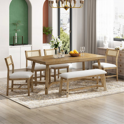 6-Piece Retro Farmhouse Style Dining Set, Rectangular Table And 4 Upholstered Chairs With Rattan And Bench For Dining Room And Kitchen (Natural Wood W by Ophelia & Co.
