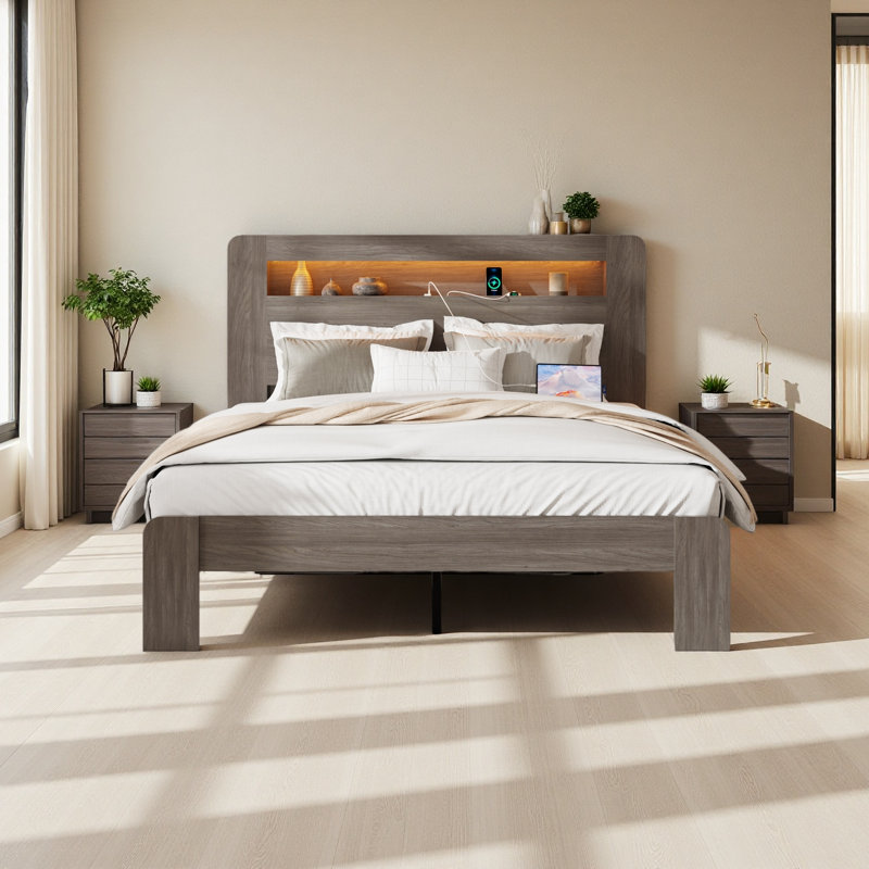 Structure de lit plateforme en bois avec tête de lit à DEL avec rangement et 2 ports USB, silencieux, aucun sommier nécessaire et outil d'assemblage facile, grand rangement sous le lit