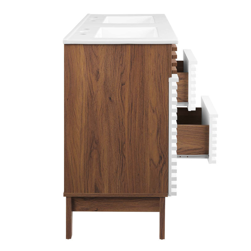 Render 48" White and Walnut Double Sink Bathroom Vanity