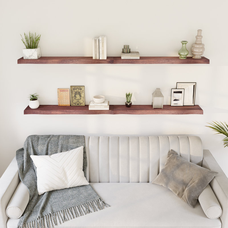 2 Pieces Acacia Solid Wood Live Edge Floating Shelves for Kitchen Wall Decor, Kitchen, Bathroom, Workspace, Cherry 36"x7.5"x1.5"