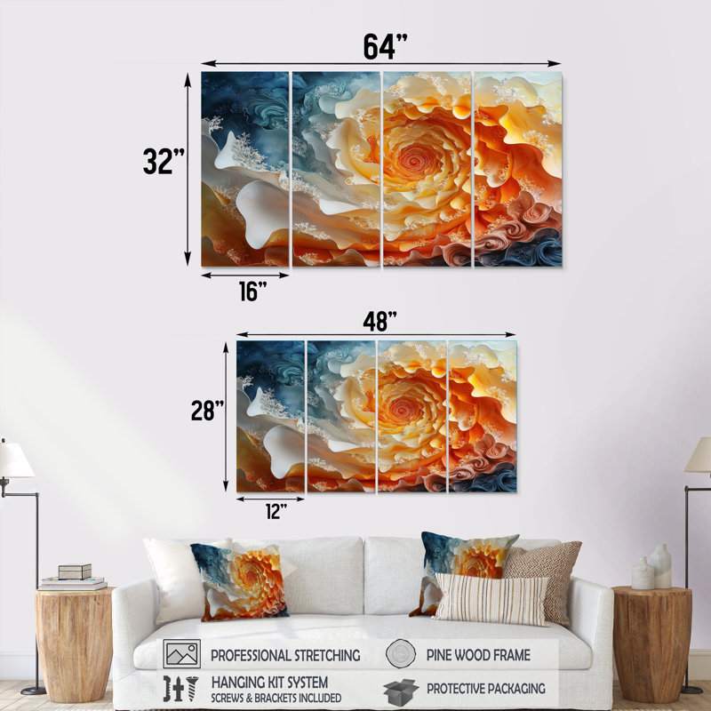 «Yellow and Orange Sunrise Abstract Waves I», ensemble d'art mural spirales abstraites, H 32 po x l 64 po