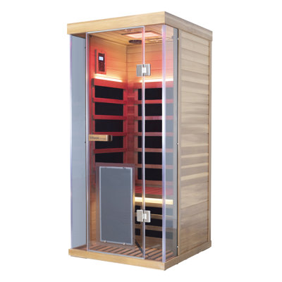 Wizzisaunas 1-Person Indoor Far Infrared Sauna for Home, 1450W/120V, Red and Blue Light Therapy, Maximum Temperature 158°F, Remote Temperature Control Via App, Red Cedar Wood, Tempered Glass Door, Built-In Bluetooth Speaker, Easy Assembly