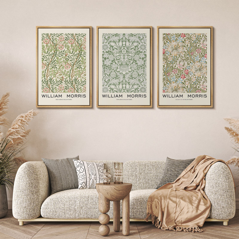 William Morris Geometric Floral Canvas Print Set in Natural Frame