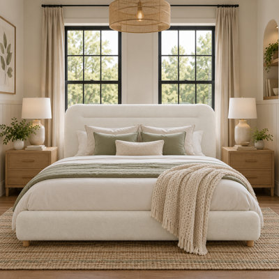 Teddy Fleece Upholstered Platform Bed with Padded Headboard,Cream 