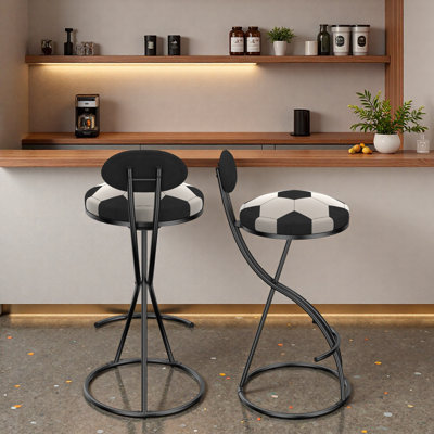Ensemble de 2 tabourets de bar en velours avec structure en métal, siège rembourré à imprimé football et repose-pieds réglables