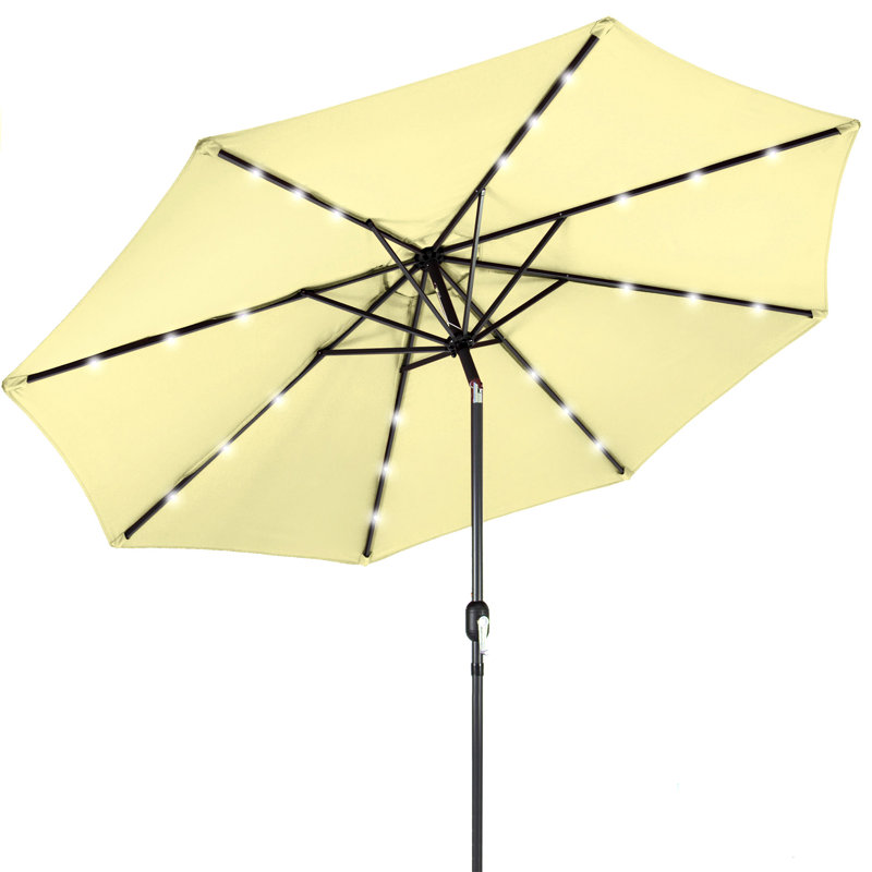 Parasol lumineux solaire à DEL avec ajustement de l'inclinaison 10 pi Shearer, tissu résistant aux rayons UV, Jaune pâle