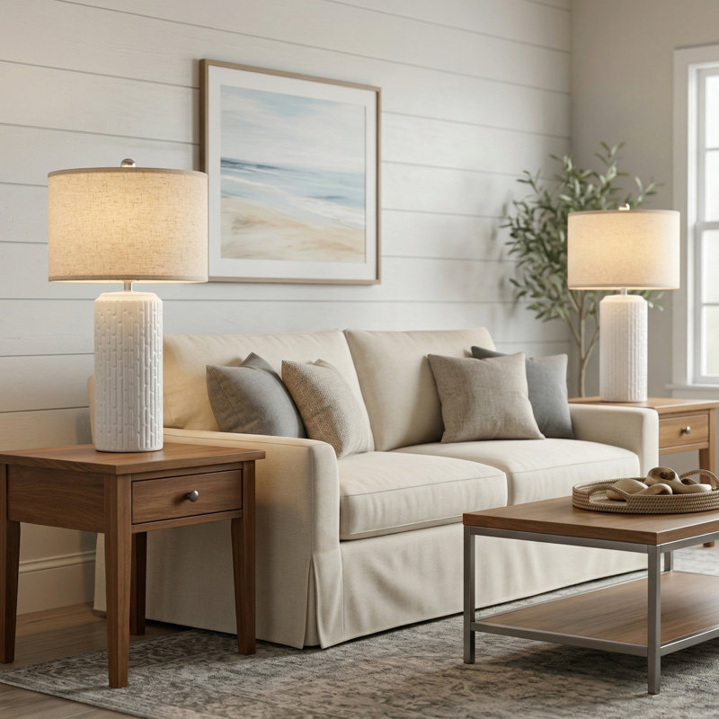 Lampe de table 21 po moderne en céramique texturée avec abat-jour en lin, Blanc, crème