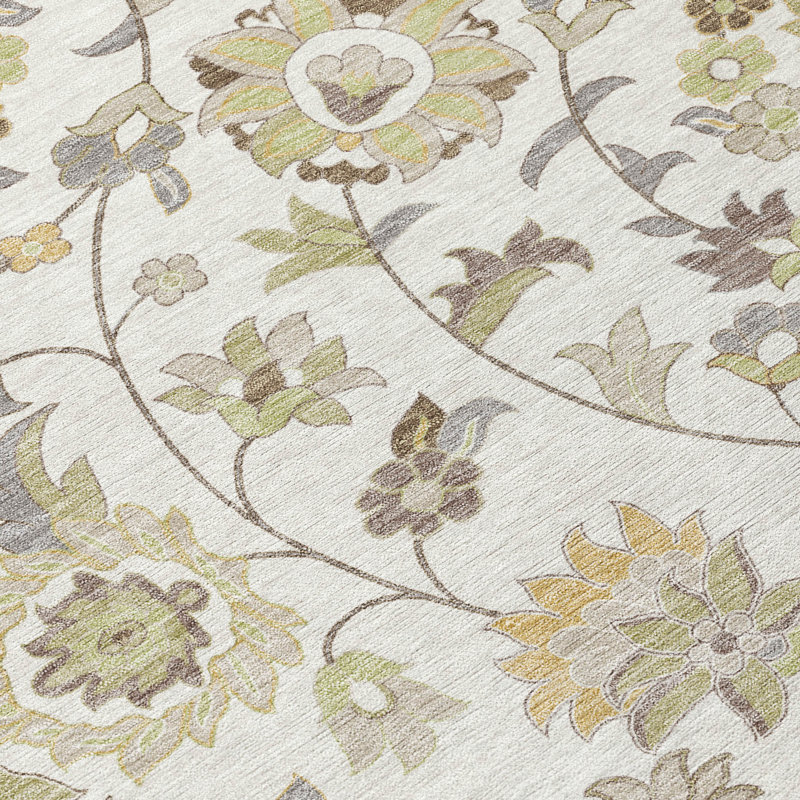 Ivory Floral Pattern Machine Washable Synthetic Rug