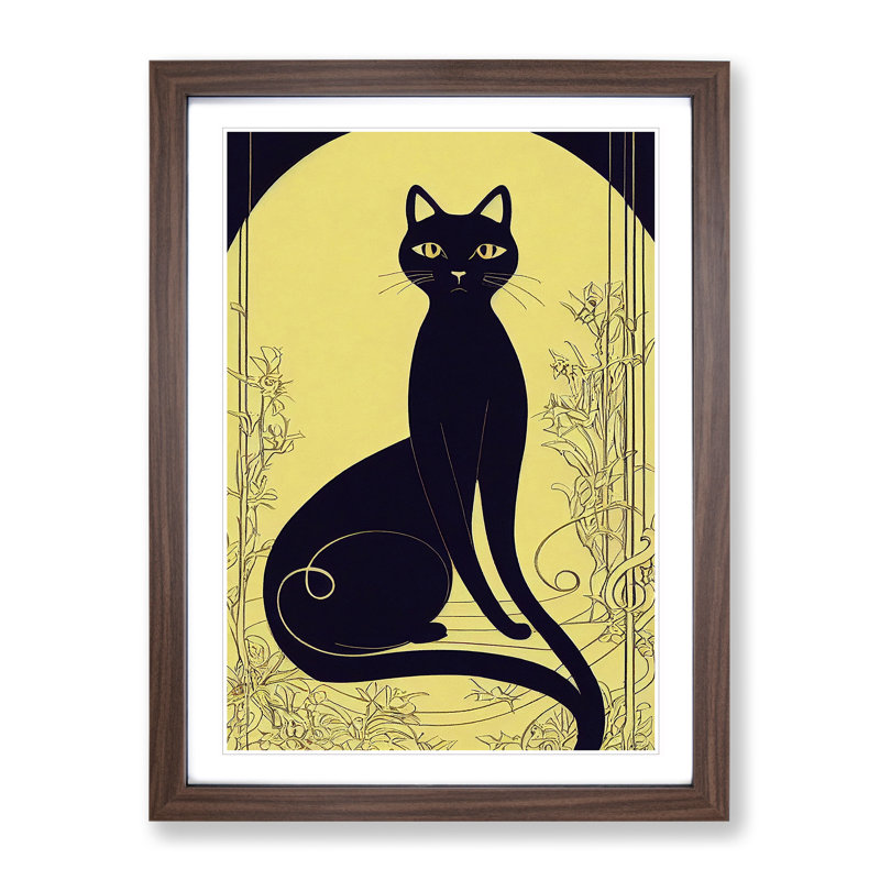 Cat In Nouveau No.3 - Single Picture Frame Print, 34cm H x 25cm W x 2cm D, Walnut