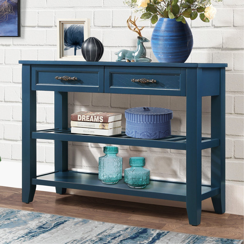 Console Sofa Table with 2 Storage Drawers and 2 Tiers Shelves, Mid-Century Style 42'' Solid Wood Buffet Sideboard, Navy Blue