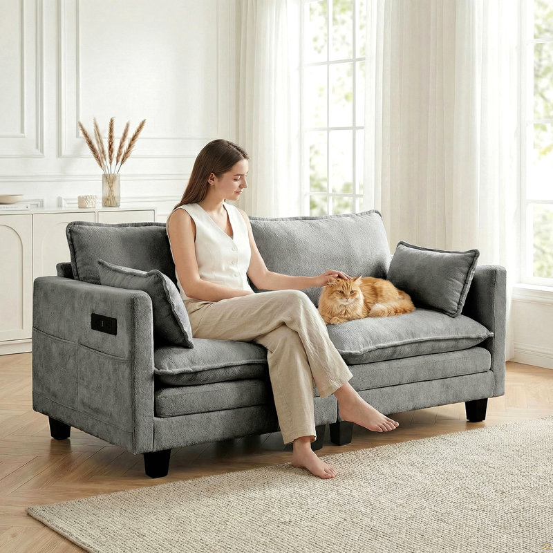 Canapé moderne en chenille gris moderne, canapé compact à 2 places avec deux ports de chargement USB et poches latérales, petit canapé pour chambre, bureau, appartement.