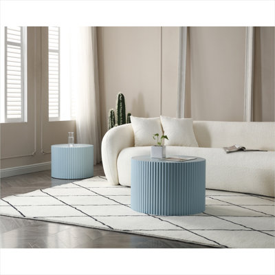 Ensemble de 2 tables basses rondes en panneau de fibres à densité moyenne bleu doux, conception compacte pour salon, 23,62 po de diamètre