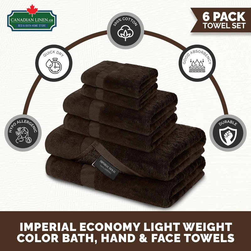 Imperial 6 Pack Towel Set, 2 Bath Towels, 2 Hand Towels & 2 Washcloths, Cotton Towels for Bathroom, Brown