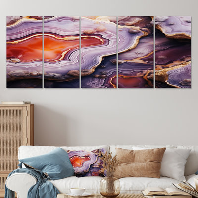 «Crimson Glam Agate Elegance I», art mural en marbre 5 pièces