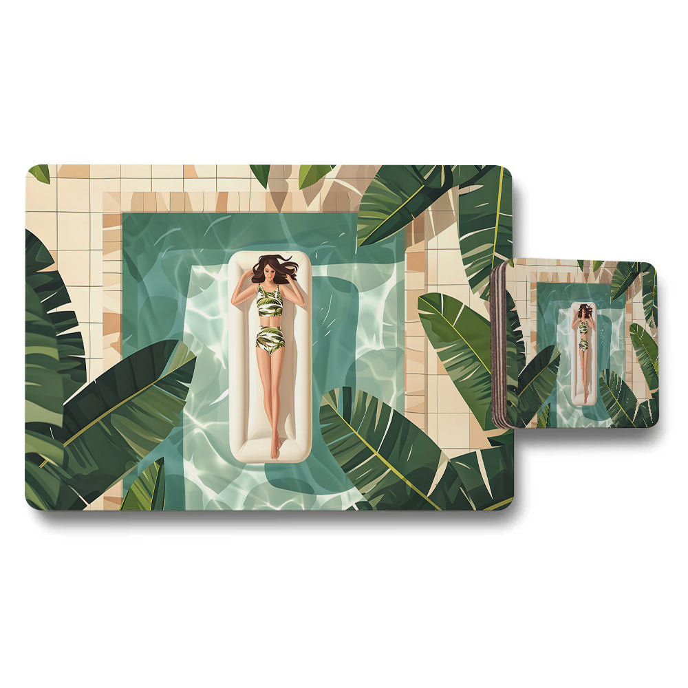 Tropical Poolside Placemat And Coaster Set With Banana Leaf Pattern