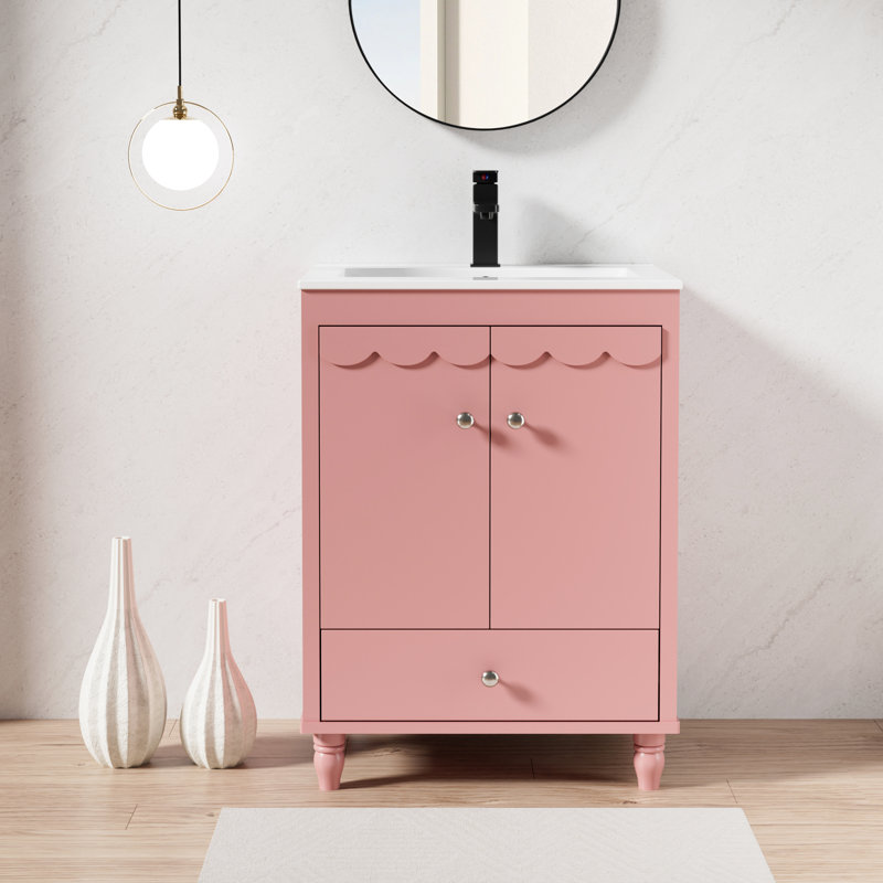 Sharee 24" Single Bathroom Vanity With Ceramic Sink Top, Faucet, Decorative Wavy Edge, Pink