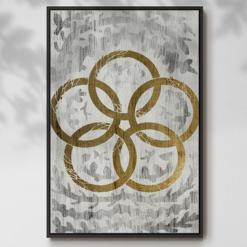 Cinq anneaux d'or - feuille d'or des Fêtes, Cadre noir, H 25 po x l 17 po x P 1,5 po