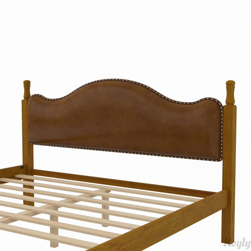 Lit plateforme en bois avec tête de lit rembourrée incurvée et sommier à lattes, King, Brown