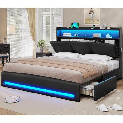 Très grande base de lit tapissier avec station de charge, 4 tiroirs et lumières DEL très résistantes, aucun sommier tapissier requis
