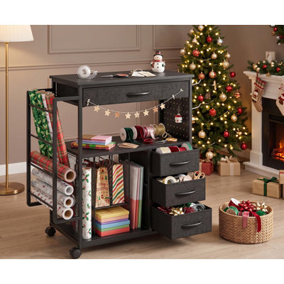 3-Tier Wrapping Paper Storage Cart with 3 Fabric Drawers & Ribbon Holder – Mobile Gift Wrap Organizer, Black