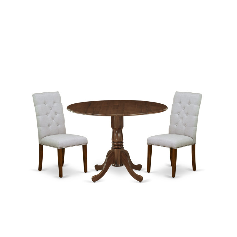 3 Piece Kitchen Table & Chairs Set Consist of a Round Dining Table with Dropleaf and 2 Upholstered Parson Chairs, 42x42 Inch, Antique Walnut