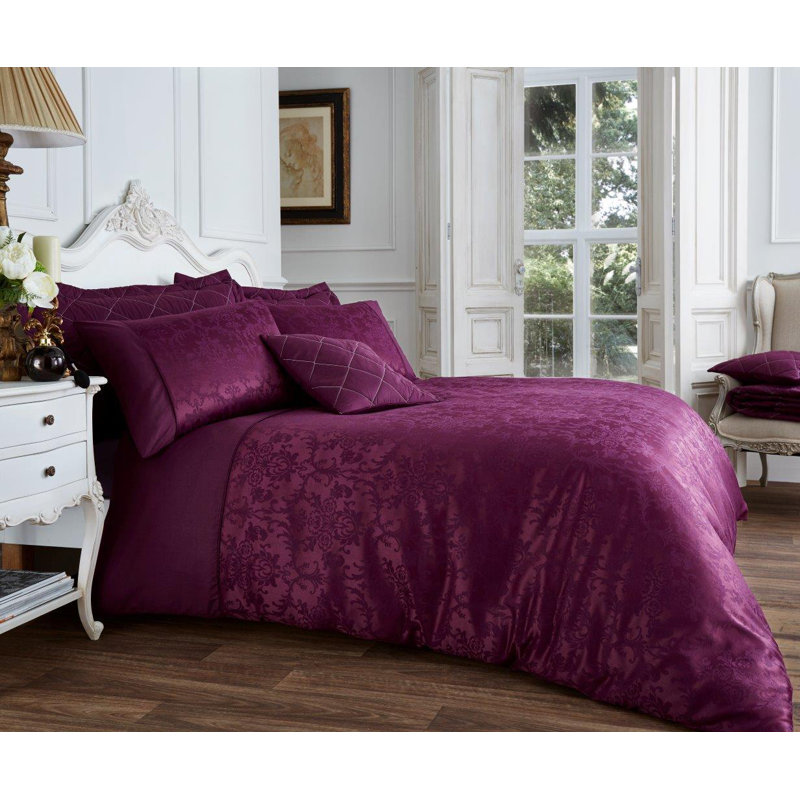 Cotton Blend Damask Duvet Cover with Pillowcases, Double - 2 Standard Pillowcases, Aubergine