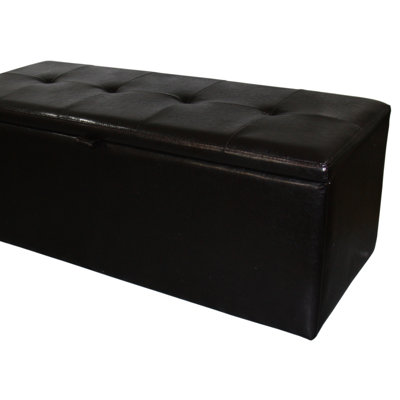 Banc de rangement rembourré en cuir brun de 18,5 po de hauteur, poignée avant, charnière simple pour plus de stabilité, rangement de 38,5 po de long, pieds de 2 po x 3,5 po, poids du produit 46 po, profondeur de 40 po, poids du colis de 52 po