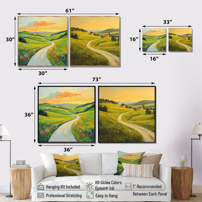 «Countryside Road In Summer I», art mural campagne - ensemble de décorations murales campagne 2 pièces, H 36 po x l 73 po