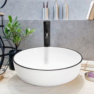 KSWIN 16'' White/Black Ceramic Circular Bathroom Sink with Faucet