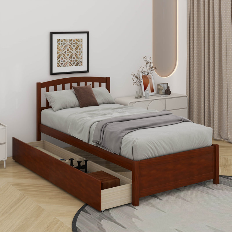 Lit plateforme simple avec 2 tiroirs et tête de lit, Noyer