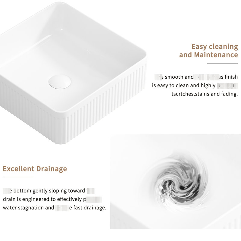 Rectangular Vessel Sink, 15" X 15", White Porcelain Ceramic, Striped Design, High - Quality And Easy To Install, Modern Bathroom Look 15X15 Inches, Compatible With Various Faucets, Stain