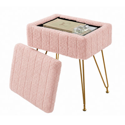 Tabouret de coiffeuse avec rangement, repose-pieds en fausse fourrure avec pieds en métal et pieds antidérapants, repose-pieds rembourré en fourrure douce pour le salon de la chambre à coucher de maquillage, 15,7 x 11,8 x 19,4 pouces