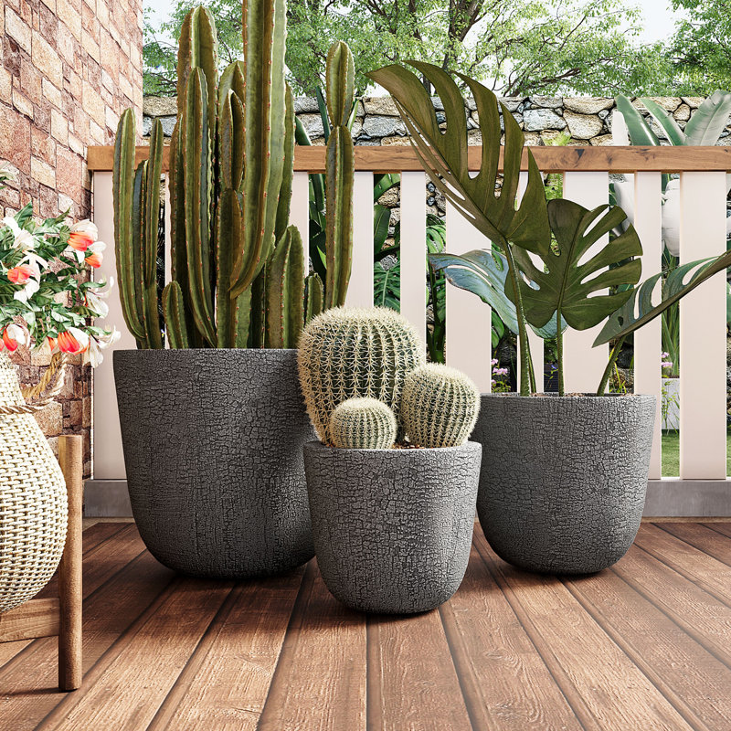 Ensemble de jardinières d'extérieur rustique craquelé MGO avec excellent drainage, Gris