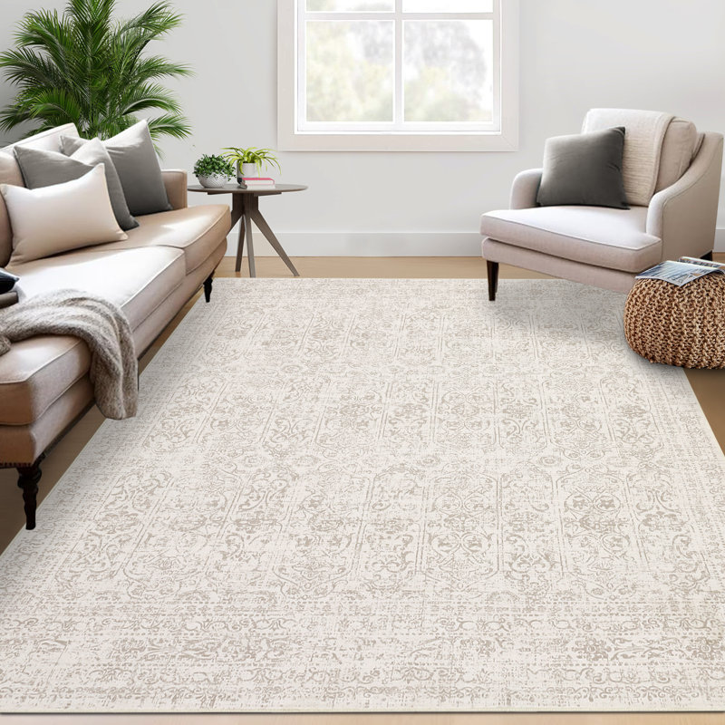 Rectangle Abstract Washable Area Rug, Beige, Runner 60 x 230 cm
