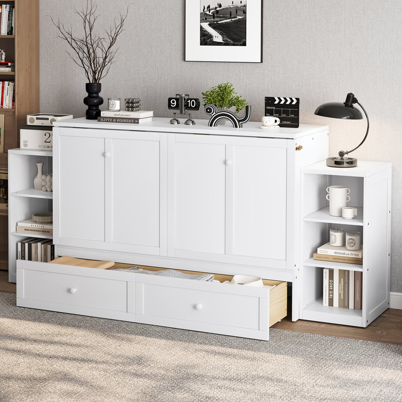 Lit escamotable avec tiroirs de rangement et tablettes pour chambres d'amis, chambres à coucher, Grand lit, Blanc