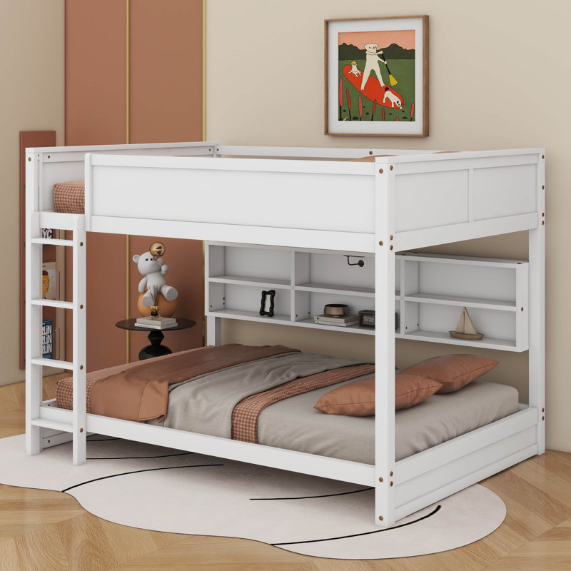 Queen Over Queen Bunk Bed With Cabinets,Charging Station,Ladder And Safety Guardrails, White
