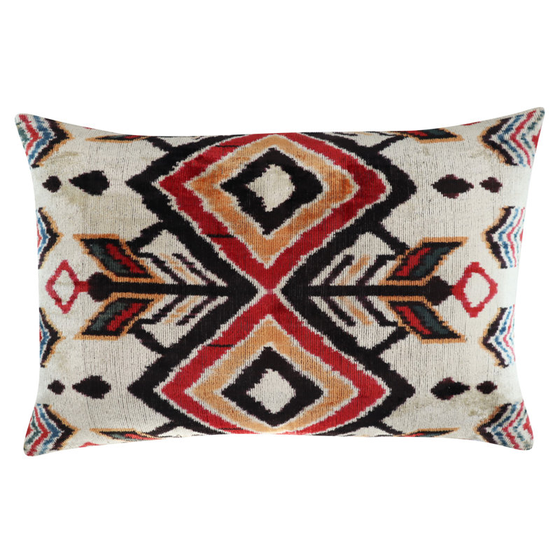 Velvet Lumbar Pillow Cover & Insert, Red/Orange/Beige Geometric 1