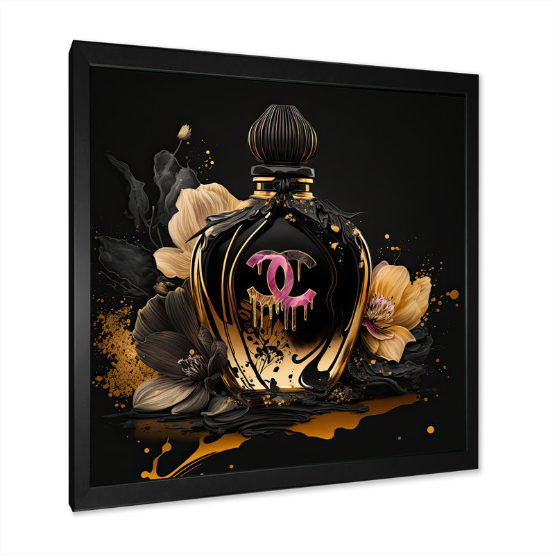 «Chic Black and Gold Perfume Bottle II», impression sur toile, H 16 po x l 16 po x P 1 po, Cadre photo noir