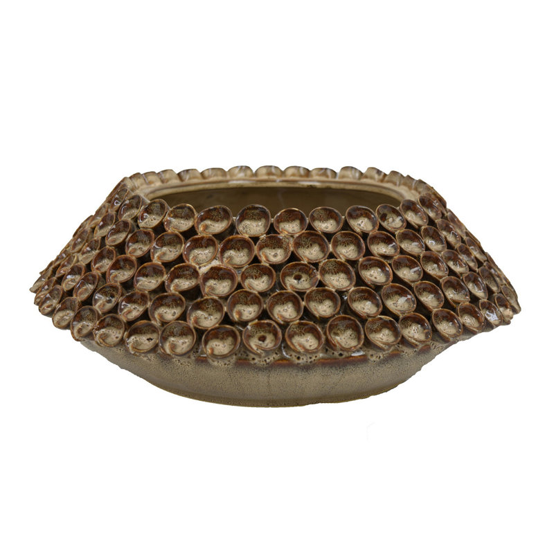 Vase Rysa, céramique brun lustré, motif corail unique, H 5,25 po x l 14,25 po x P 14,25 po