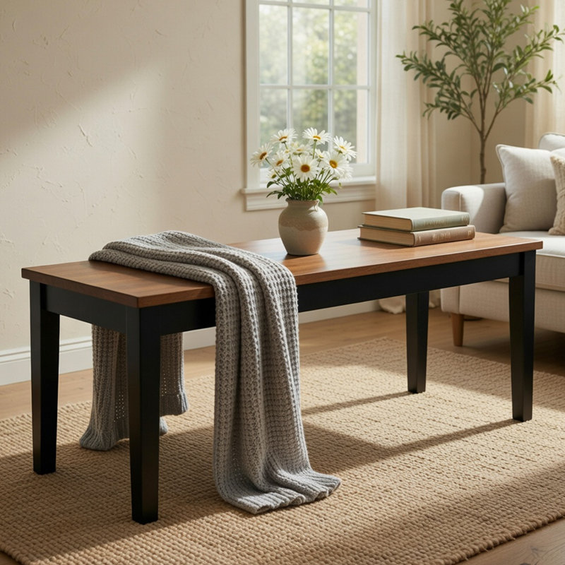 Banc de salle à manger Teny, siège brun de 48 pouces de largeur, structure en bois noir