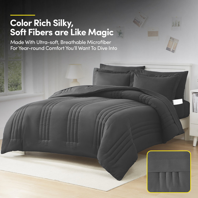 8 Piece Quilted Solid Stripe Comforter, Sheet Set And Mattress Protector Bedding Bundle, Full, Charcoal