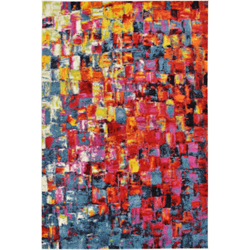 Tapis bleu / rose à motif géométrique Tanguay, Rectangle 4 pi x 6 pi