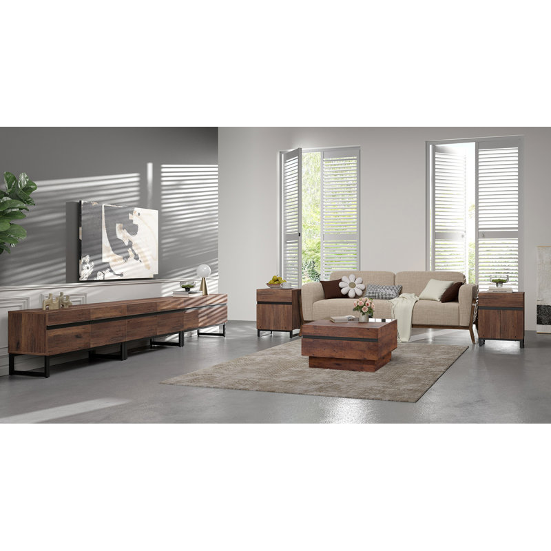Latitude Run Living Room Table Sets Of 4, 106 Inch TV Stand, 1 Square Coffee Table With Top, 2 End Table With Drawers For Living Room, Entertainment Centre, Console Table