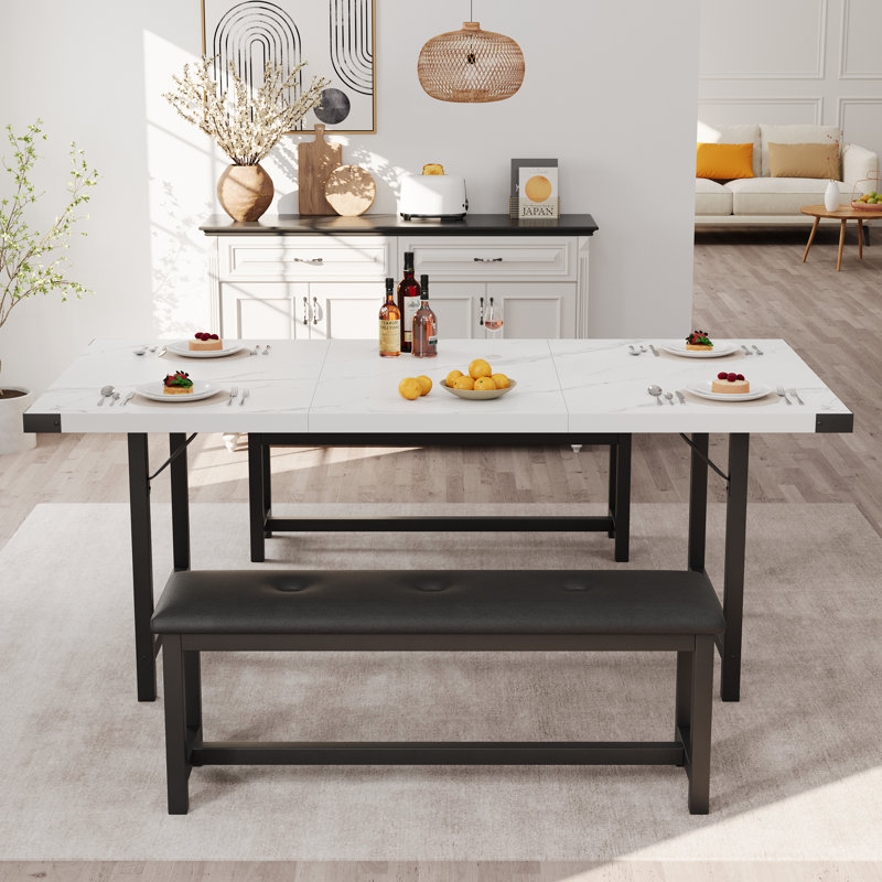 Ensemble de salle à manger moderne 3 pièces avec table rectangulaire extensible de 160 cm et 2 banquettes rembourrées, pour 4 à 6 personnes, gain de place, montage facile – Idéal pour les appartements et salles à manger – Marbre blanc