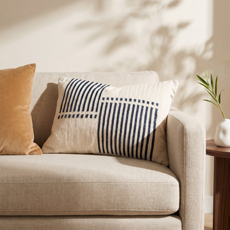 Carlus Striped Cotton Blend Reversible Throw Pillow, Natural/Blue