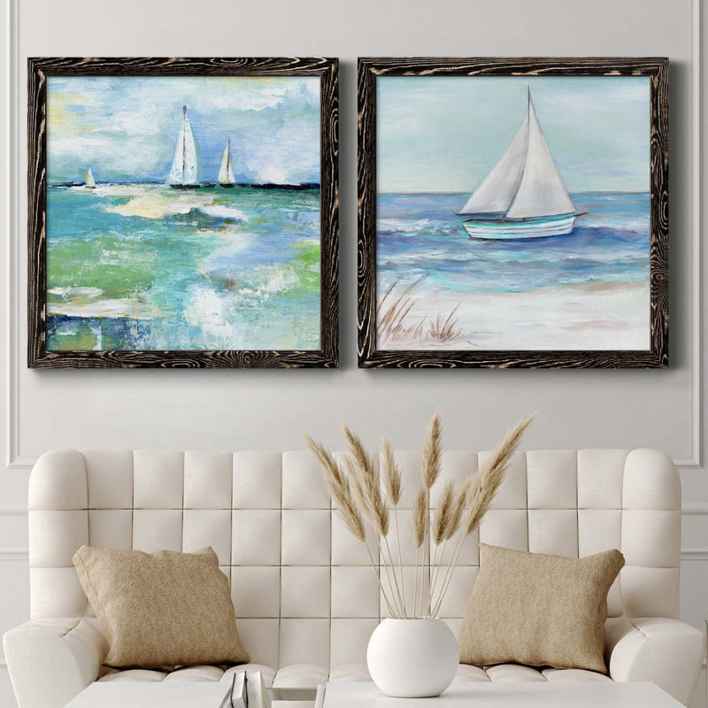 Jour sur le lac - ensemble de 2 peintures sur toile encadrées, Cadre noir, H 27,5 po x l 55 po x P 1,5 po