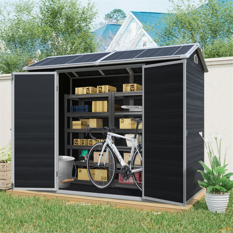 Remise de rangement extérieure 8 pi x 4 pi avec deux fenêtres et deux portes, remise en plastique avec plancher pour gargen, patio, cour, pelouse