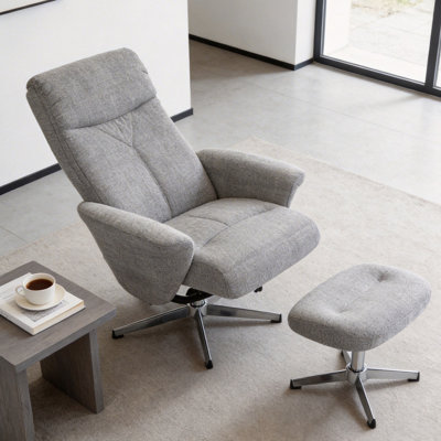 33" Contemporary Chenille Recliner And Ottoman With Swiveling Metal Base