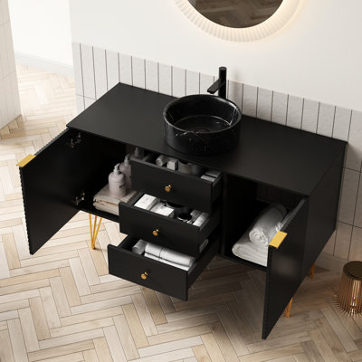 Meuble-lavabo de 48 po avec vasque en céramique noire à motif de pierres rondes, pieds en métal doré, 3 tiroirs et 2 portes de rangement, surface frittée, armoire en contreplaqué haute performance, évier à teinture avec